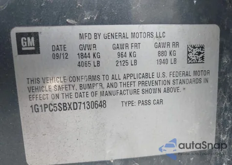 2013 Chevrolet Cruze 1Lt Auto из США, поврежденный, VIN 1G1PC5SBXD7130648